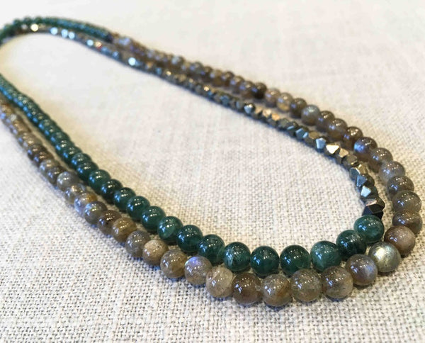 top view of gemstone bead necklace comprising labradorite, dark green moss quartz and dark grey pyrite