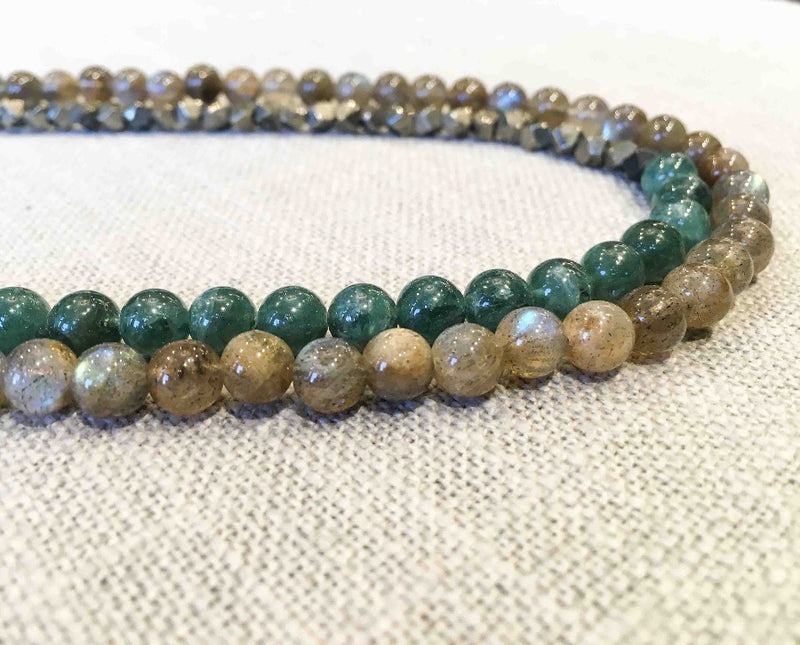 side view of gemstone bead necklace comprising labradorite, dark green moss quartz and metallics