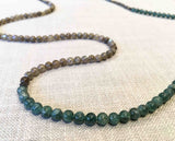 closeup of gemstone bead necklace comprising labradorite, green moss quartz and pyrite