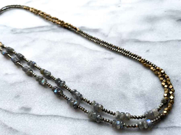 top view of gemstone bead necklace comprising labradorite, dark grey pyrite and bronze