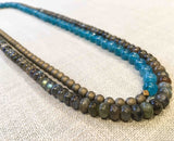 top view of gemstone bead necklace comprising iolite, matte bronze hematite and green labradorite