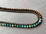 side view of gemstone bead necklace comprising blue chrysoprase, bronze and exotic wood