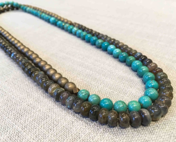 top view of gemstone bead necklace comprising turquoise, matte bronze hematite and green labradorite