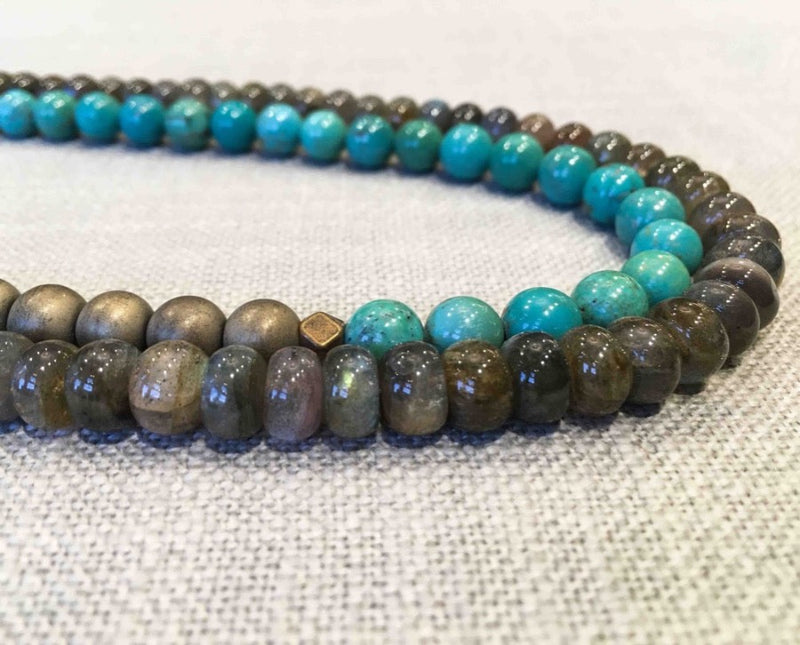 side view of gemstone bead necklace comprising turquoise, bronze hematite and green labradorite