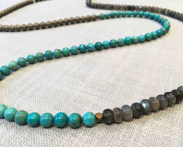 closeup of gemstone bead necklace comprising turquoise, bronze hematite and green labradorite