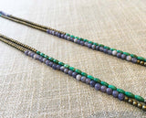 additional side view of gemstone bead necklace comprising blue denim quartz, light gold hematite and turquoise