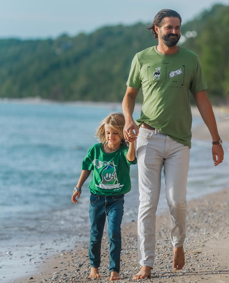 young boy and father wearing lake t-shirts with michigan mr. michi character