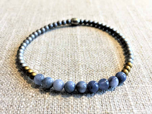 heishi bead bracelet comprising blue chalcedony and metallics