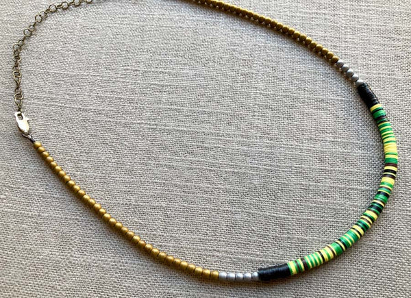 heishi necklace comprising vinyl discs in a yellow multi mix and metallic beads