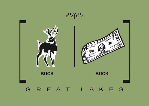 T-shirt graphics depicting play on words, buck vs buck