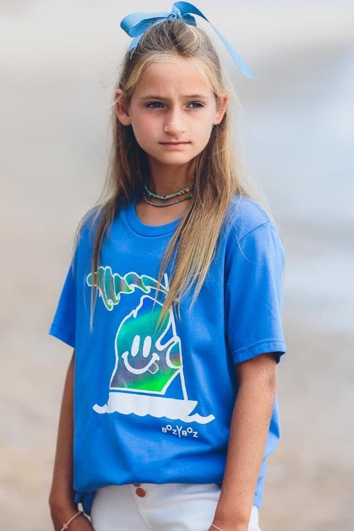 young girl wearing lake t-shirt with michigan mr. michi character