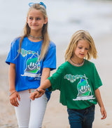 young boy and girl wearing lake t-shirts with michigan mr. michi character