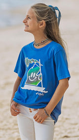 young girl wearing lake t-shirt with michigan mr. michi character