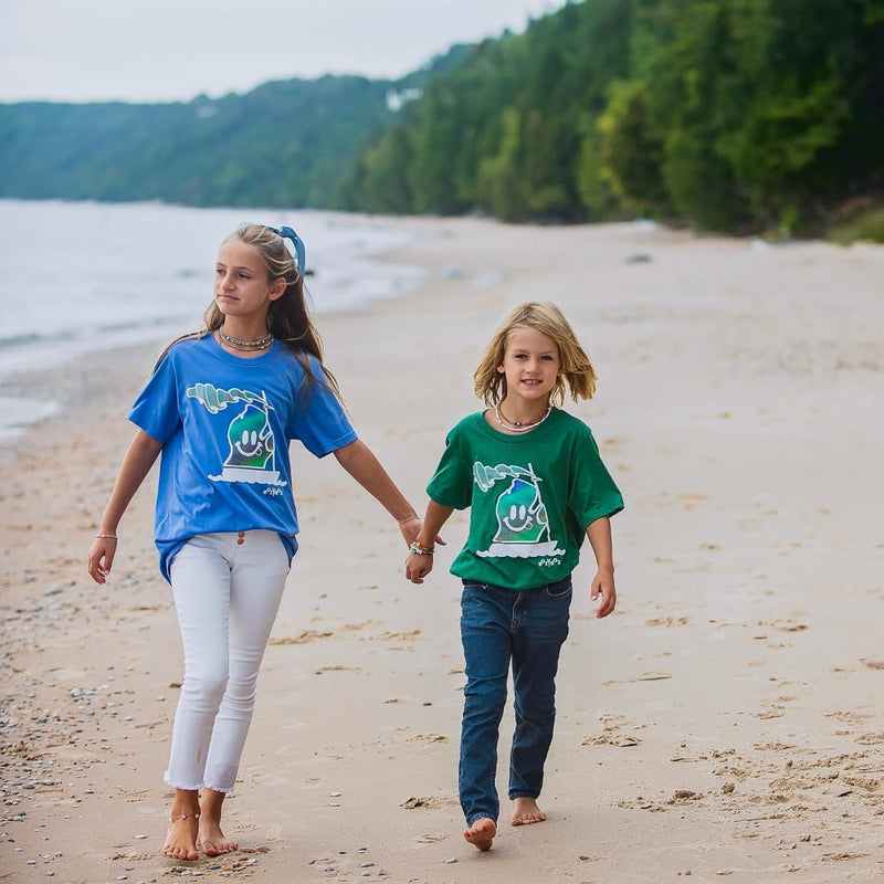 young boy and girl wearing lake t-shirts with michigan mr. michi character