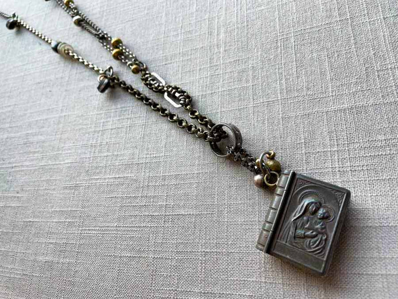 top view of antique rosary box pendant on chain mix