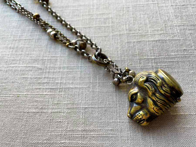 closeup of antique bronze match safe (lion) pendant on chain mix