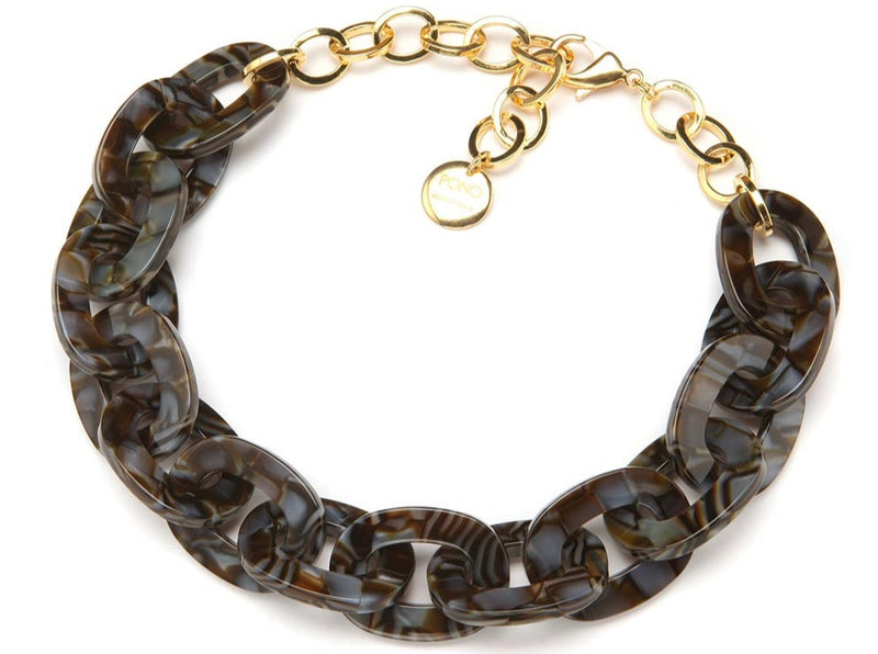 top view of resin necklace in brown and grey