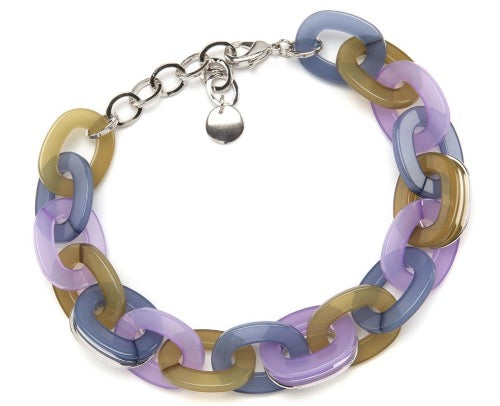 top view of resin necklace in purple, blue and tan