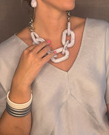 model wearing resin necklace in clear