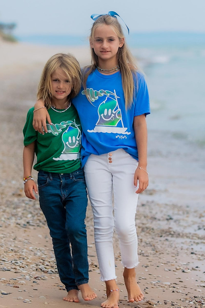 young boy and girl wearing lake t-shirts with michigan mr. michi character